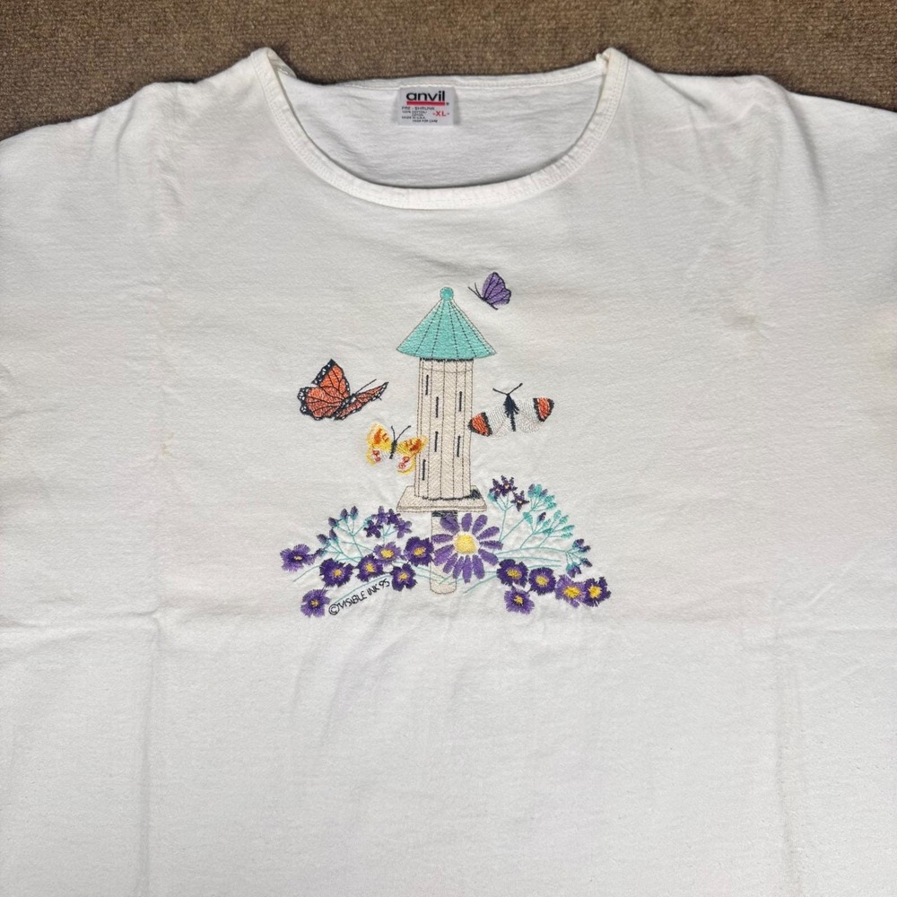 Vintage Anvil 90s Butterfly Birdhouse T Shirt XL White Embroidered Single Stitch